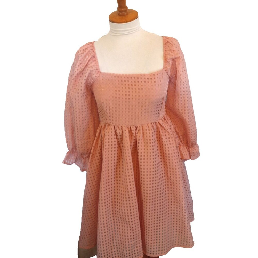 ENTRO Pink Checked Smocked Puff Sleeve Babydoll Dress Size Large NEW
